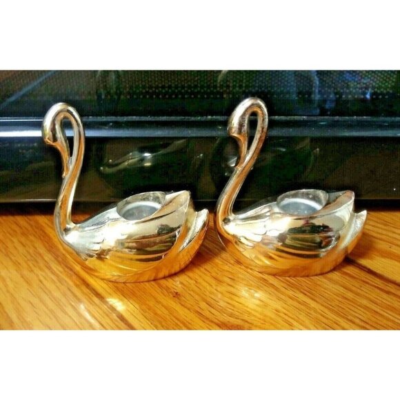 Set Of 2 Swan Candle Holders JAPAN gold tone metal 4"x3.5" EUC - Picture 2 of 12